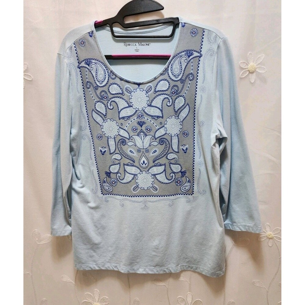 REBECCA MALONE WOMENS LARGE BLUE SHIRT LONG SLEEVE PAISLEY FANTASY FLORAL ARTSY